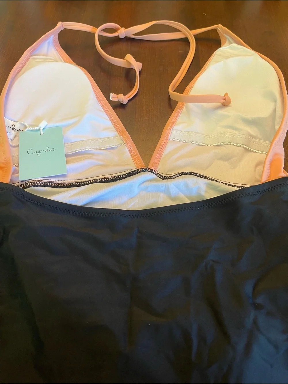 NWT Cupshe Peach and Black Halter Deep V neck One-Piece Swimsuit - Picture 5 of 7